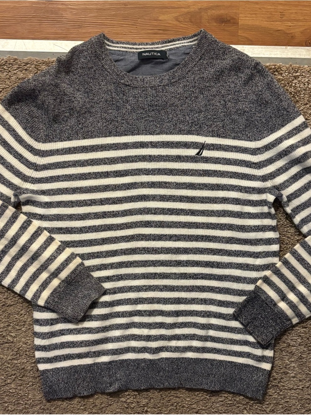 Nautica Men's Sm Gray and Cream Striped Crewneck Sweater Like New